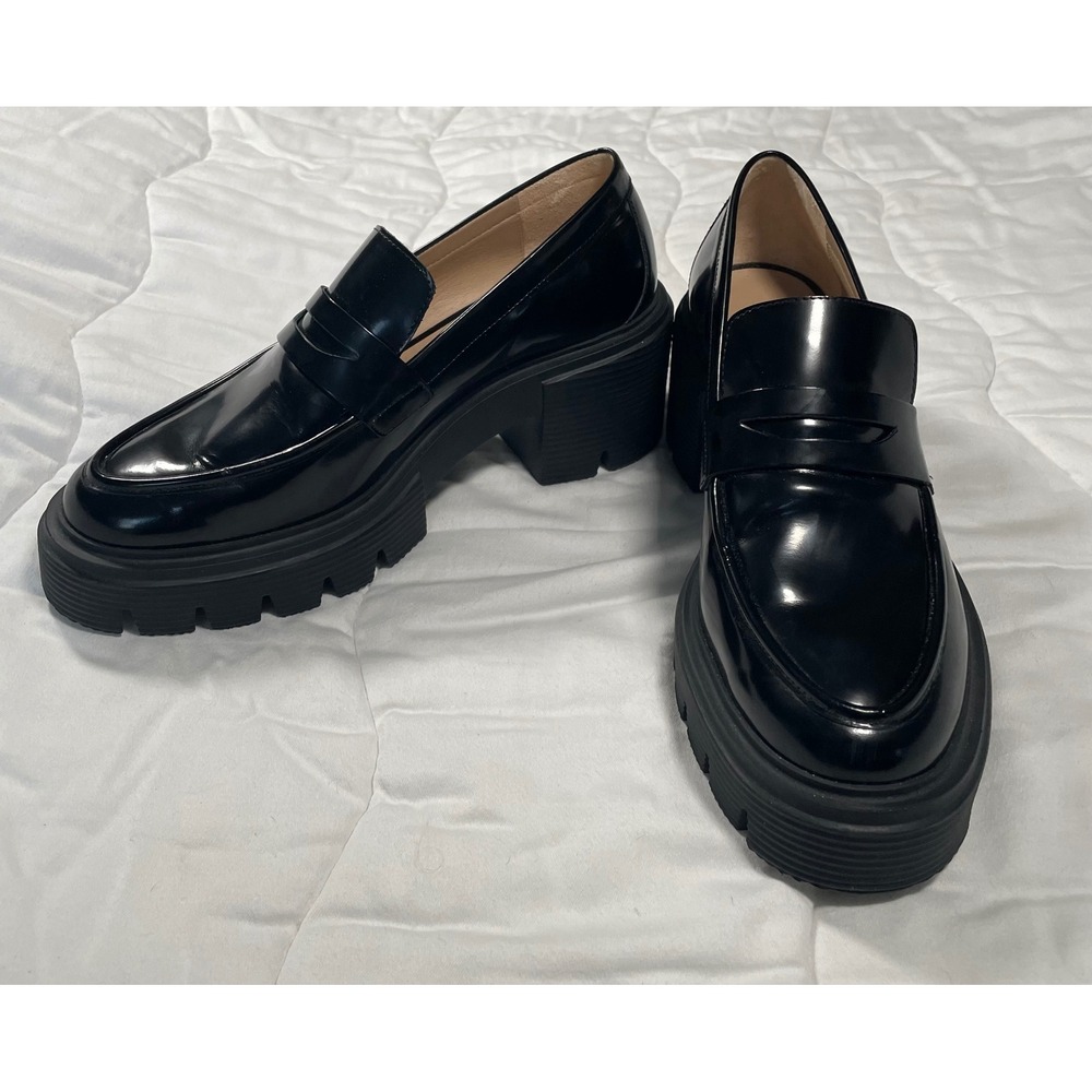 Stuart Weitzman Palmer Sleek Black Leather Lug Sole Penny Loafers SF552 Size 8B